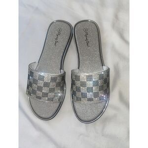 Women's‎ Summer White silver Glitter Flat Slipper Slides Slip-On Size 10 Sandals